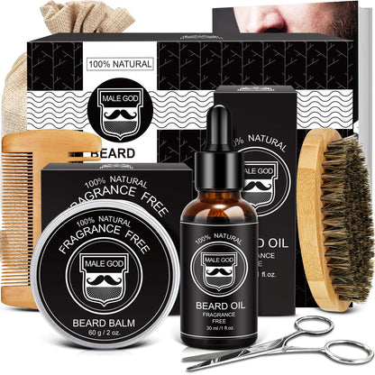 MALE GOD Beard Growth Kit, Beard Kit W/Beard Growth Oil, Balm, Comb, Massager for Spot/Patchy Beard, Christmas & Birthday Gifts for Men Him Boyfriend Husband