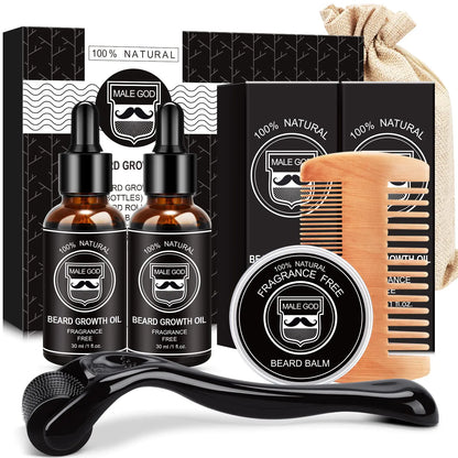 MALE GOD Beard Growth Kit, Beard Kit W/Beard Growth Oil, Balm, Comb, Massager for Spot/Patchy Beard, Christmas & Birthday Gifts for Men Him Boyfriend Husband